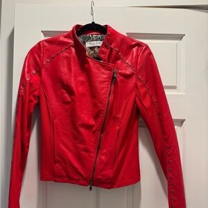 Vera Pelle Red Leather Jacket with Studded Details